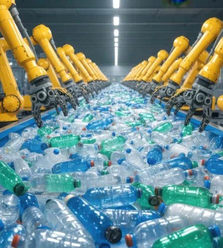 robotic arms sorting plastic bottles on recycling conveyor