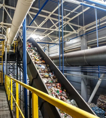 moving conveyor transporter on modern waste recycling processing