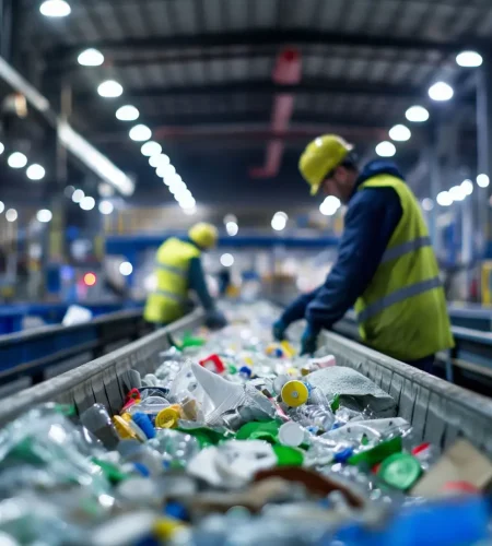 diligent workers sorting and processing recyclable materials at modern industrial recycling facility, contributing to environmental sustainability and waste management efforts