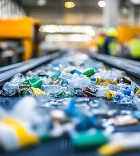 conveyor belt in a recycling plant sorting through plastics metals and paper waste materials for efficient processing and reuse workers in the background oversee the automated sorting and recovery